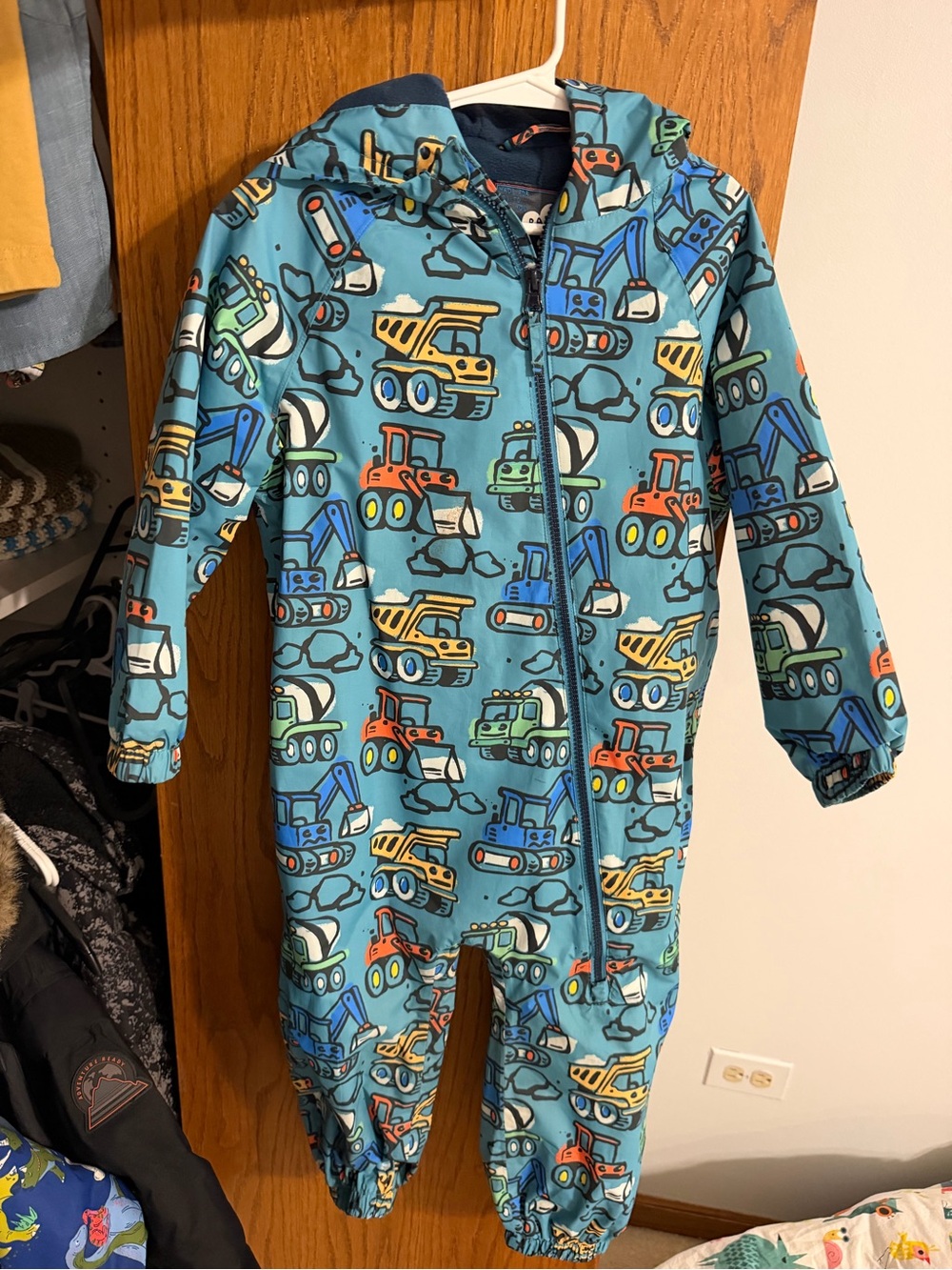 Kids Blue Construction Print One-Piece Waterproof Coverall (rain coveralls)